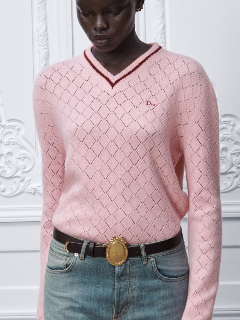 Dior Light Pink V-Neck Pointelle Knit Sweater with Contrast Trim